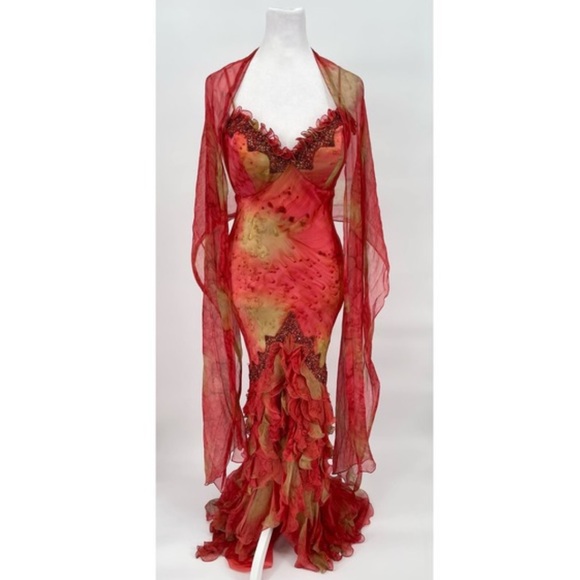 Vintage 90s Y2K 100% Silk Beaded Dress Vintage Silk Dress Prom Fairy Watercolor - Picture 11 of 16